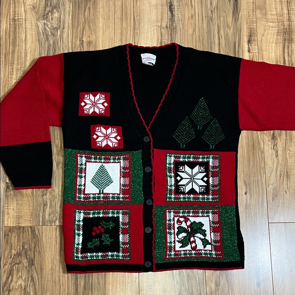 Vintage J J Poole USA Made Patchwork Ugly Christmas Sweater Cardigan Sz M